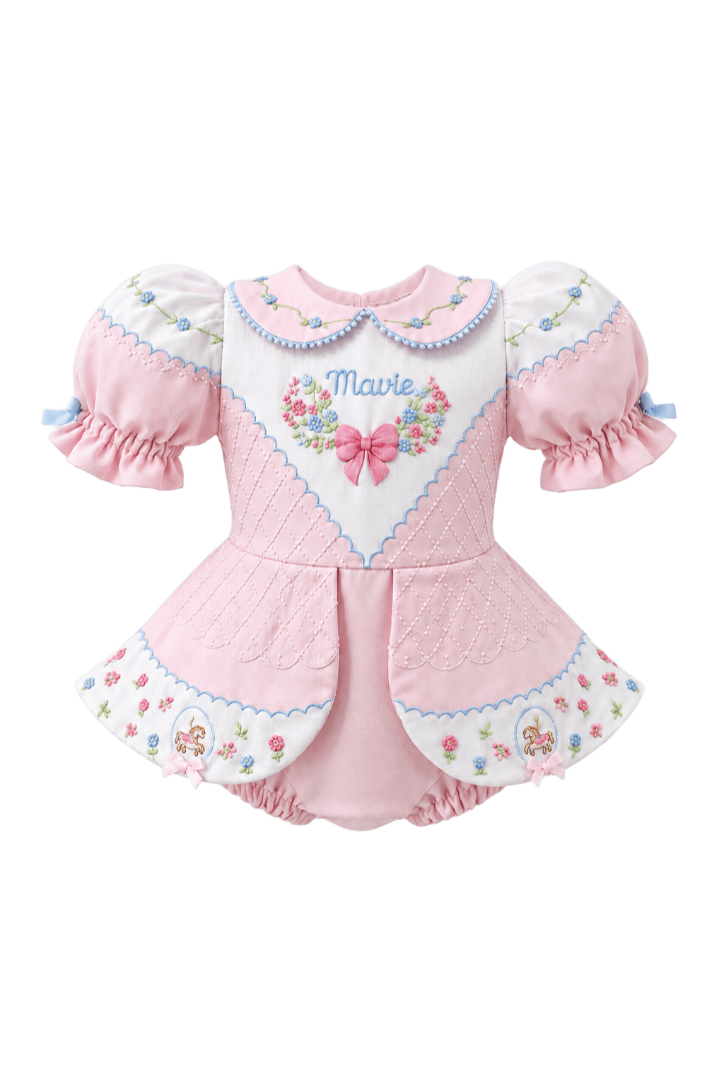 Romper rosa com bordados florais e detalhes em azul