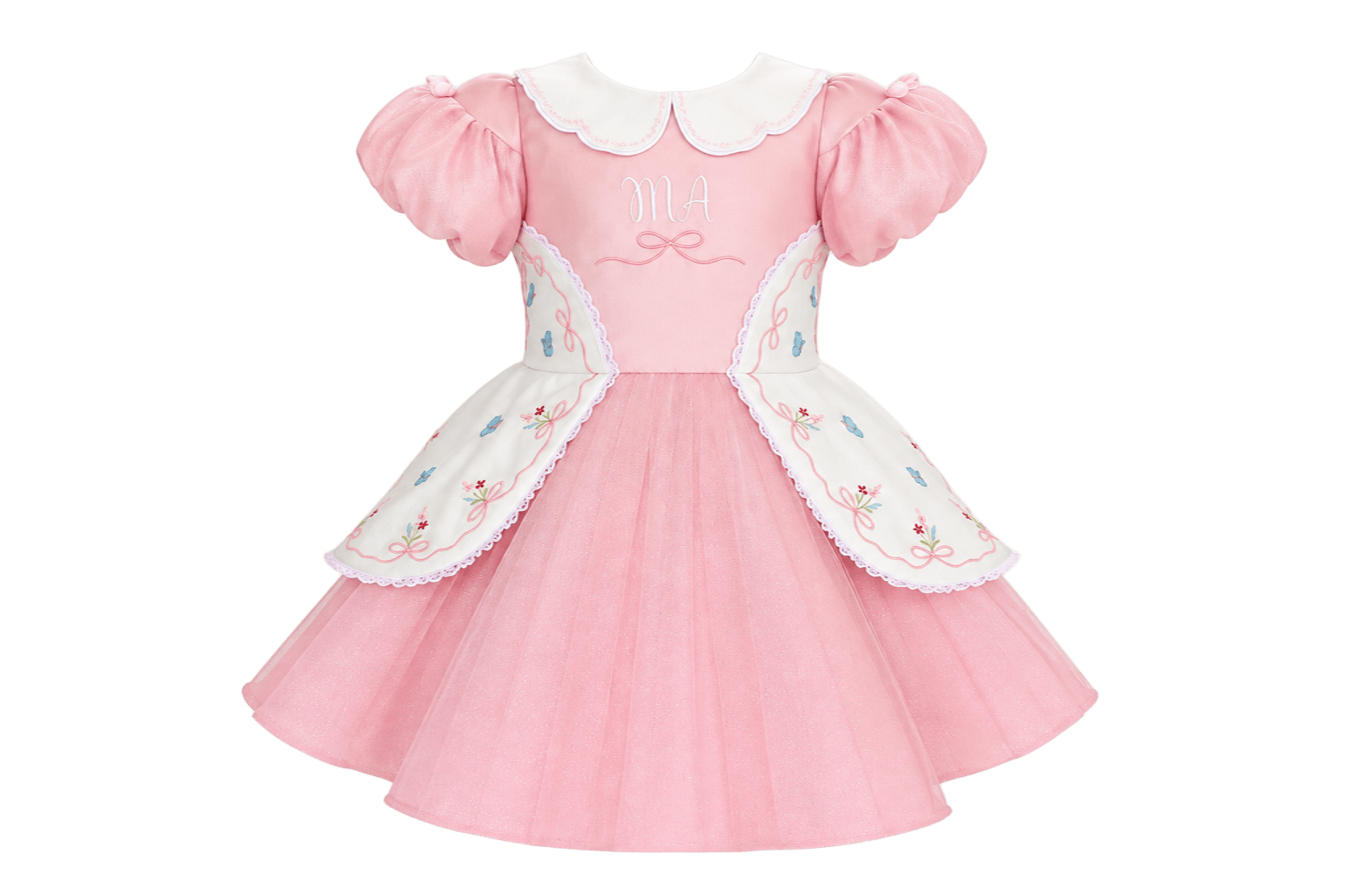 Vestido rosa com gola branca e bordados de laços