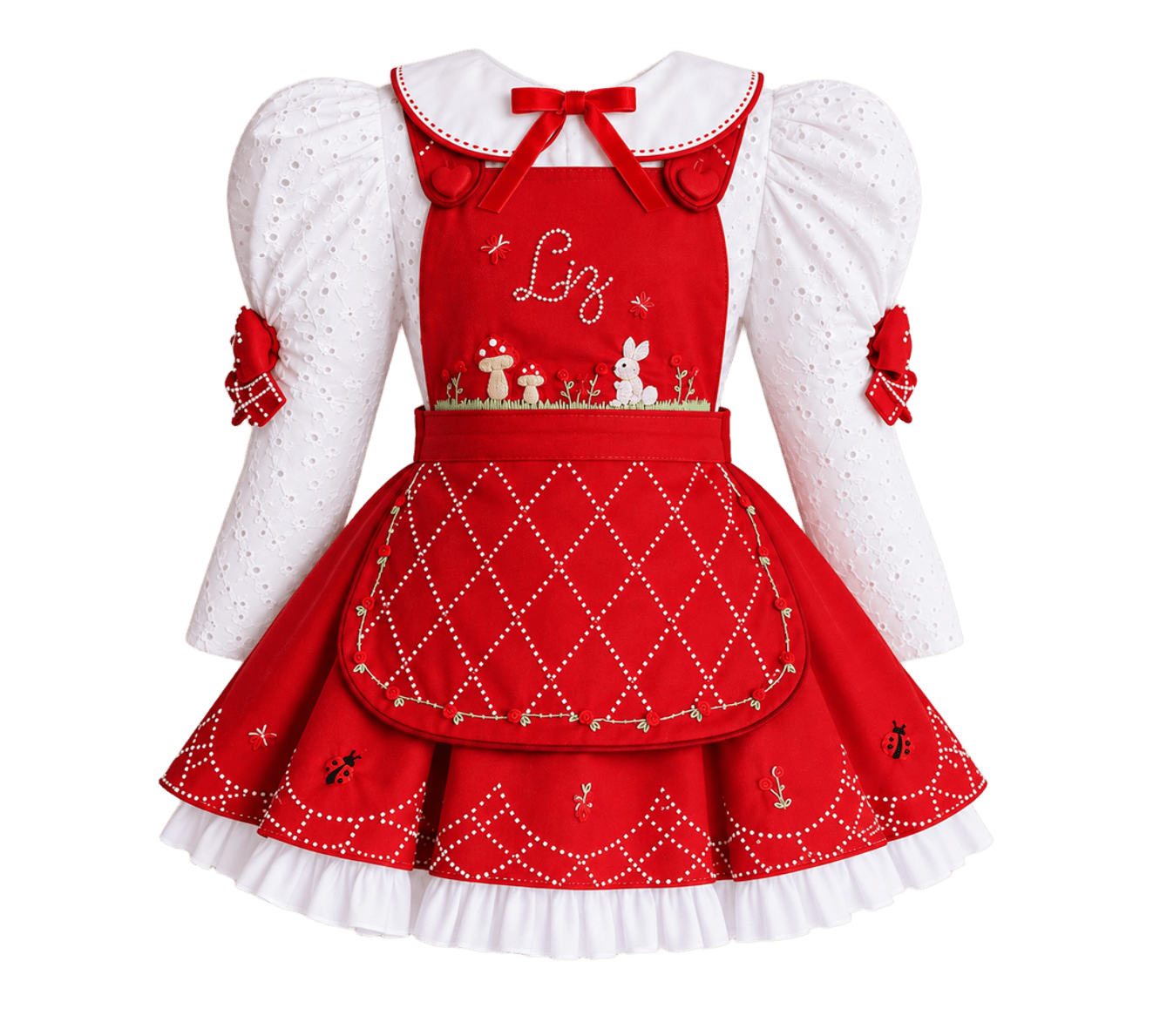 Vestido Liz vermelho bordado com mangas longas brancas