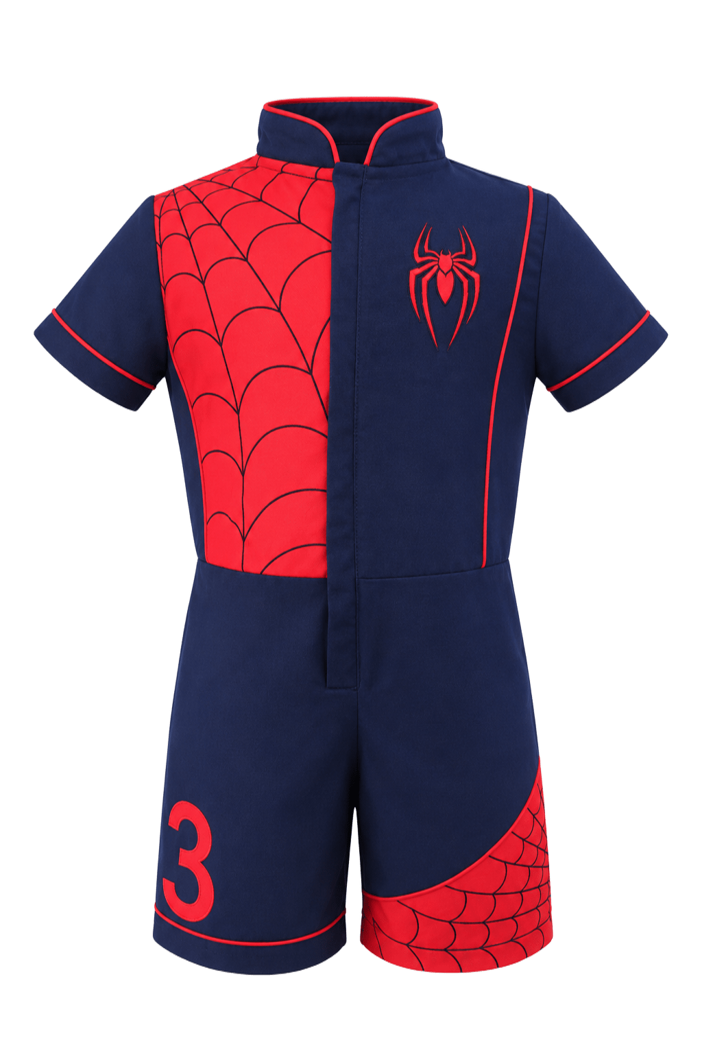 Conjunto Pequeno Herói azul-marinho e vermelho com bordados de aranha e teias
