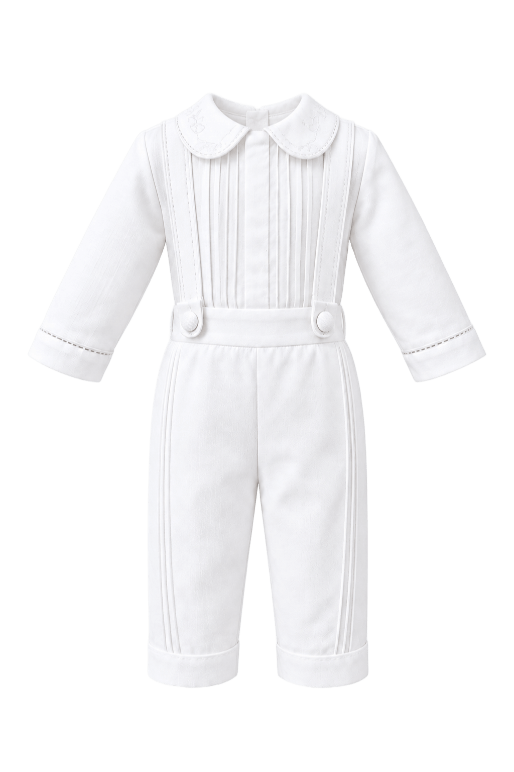 Conjunto branco com camisa de manga longa e calça com pregas
