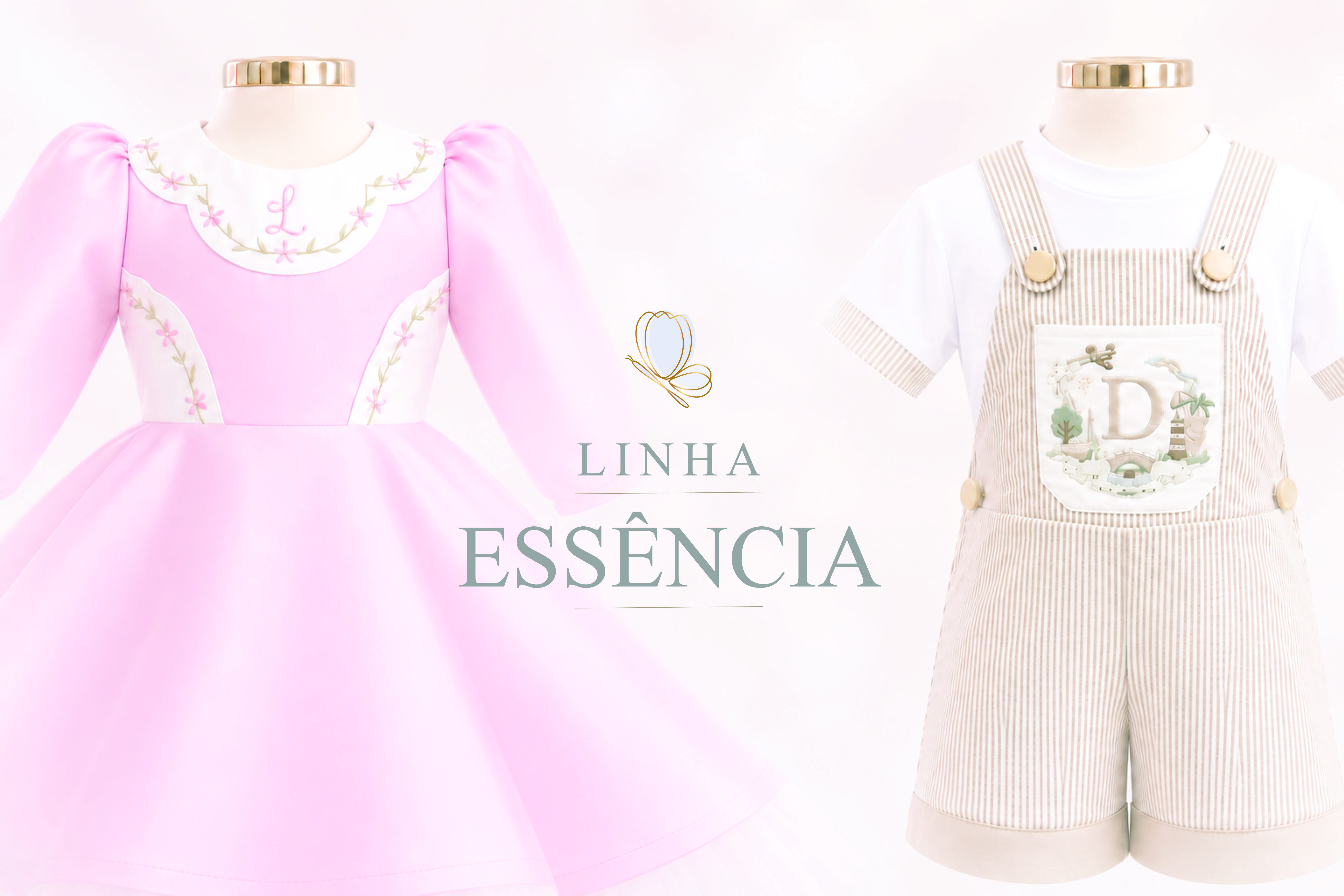 Linha Essência: vestido rosa com bordados florais e conjunto infantil com jardineira bege listrada