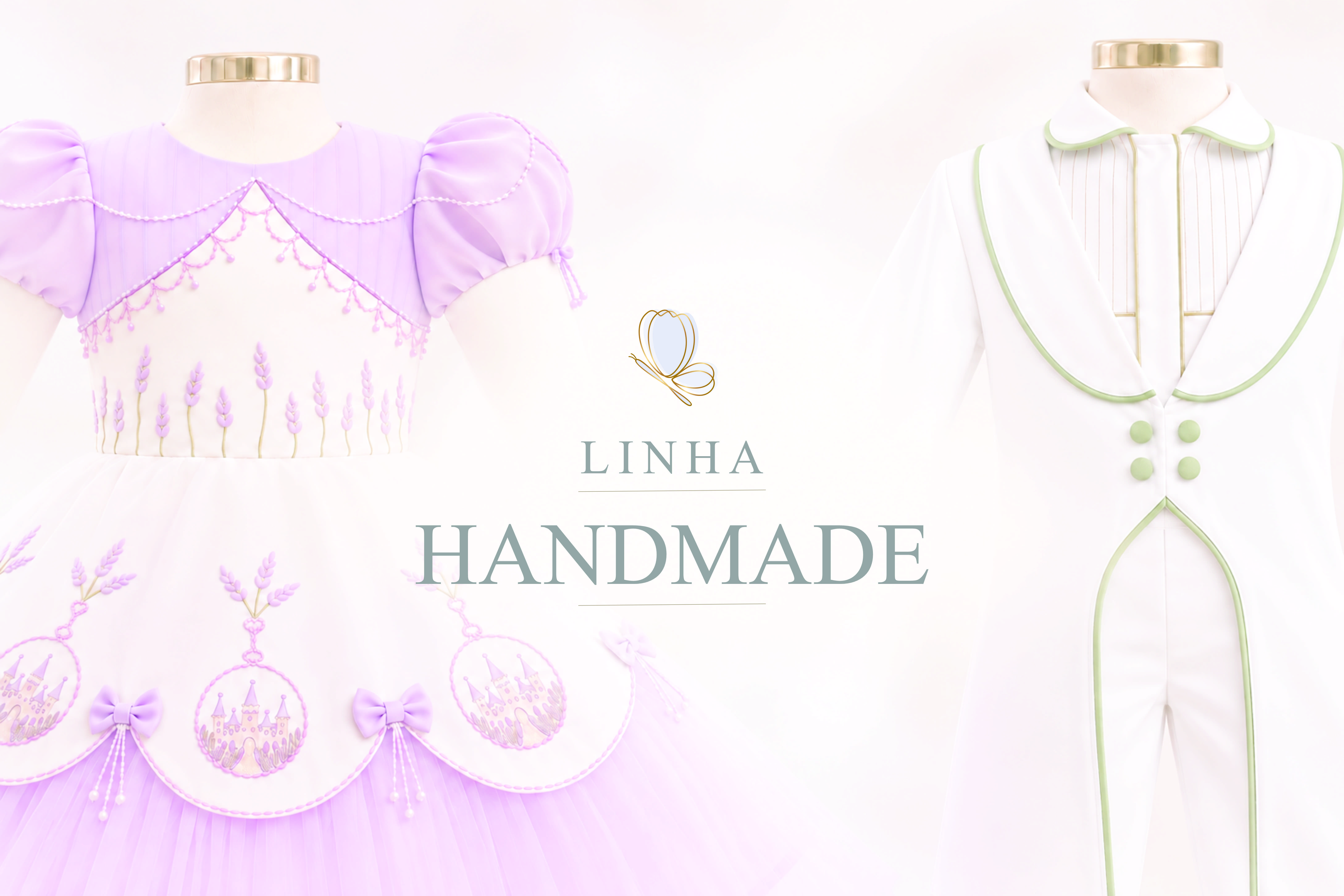 Linha Handmade: vestido lilás com bordados e pérolas e conjunto infantil branco com detalhes verdes
